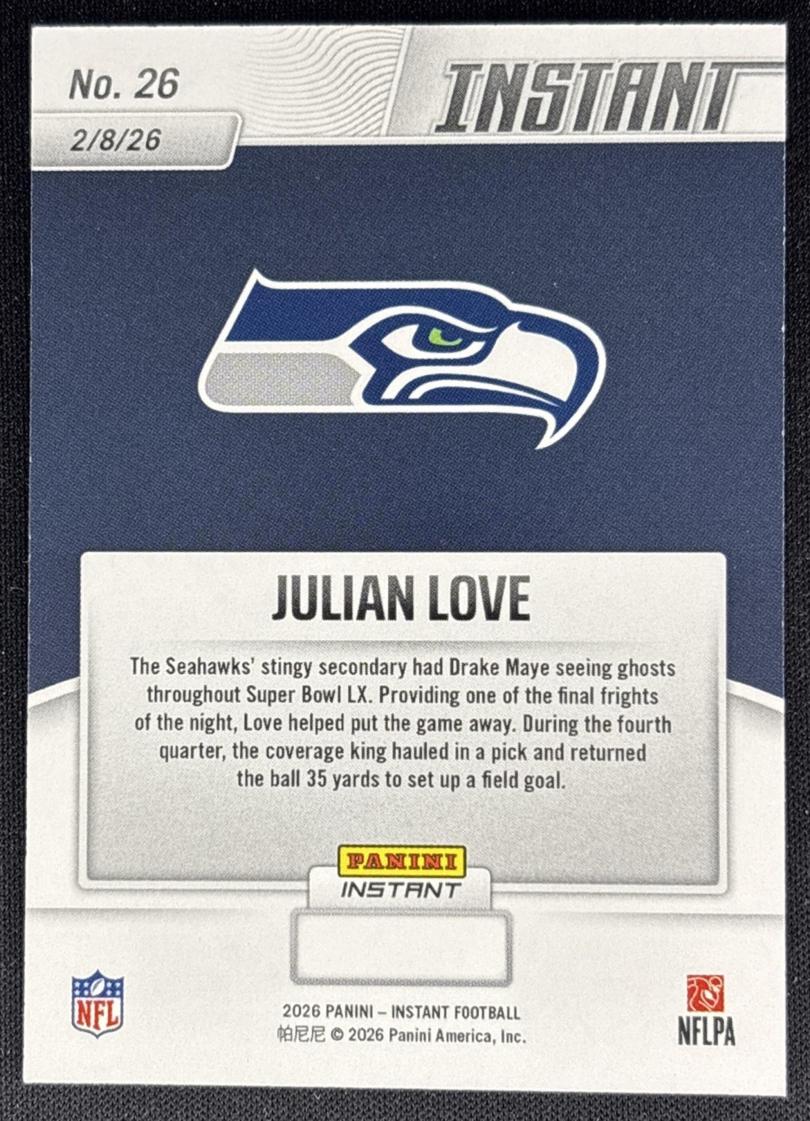 Julian Love 2026 Panini Instant Super Bowl LIX Champions Seattle Seahawks