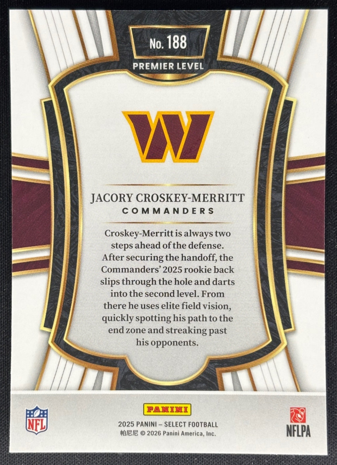 Jacory Croskey-Merritt 2025 Select Premier Level Commanders Sports Trading Card