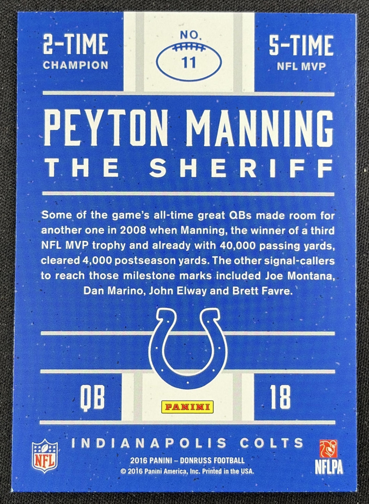 Peyton Manning 2016 Panini Donruss The Sheriff Tribute Red Foil Colts 11 back