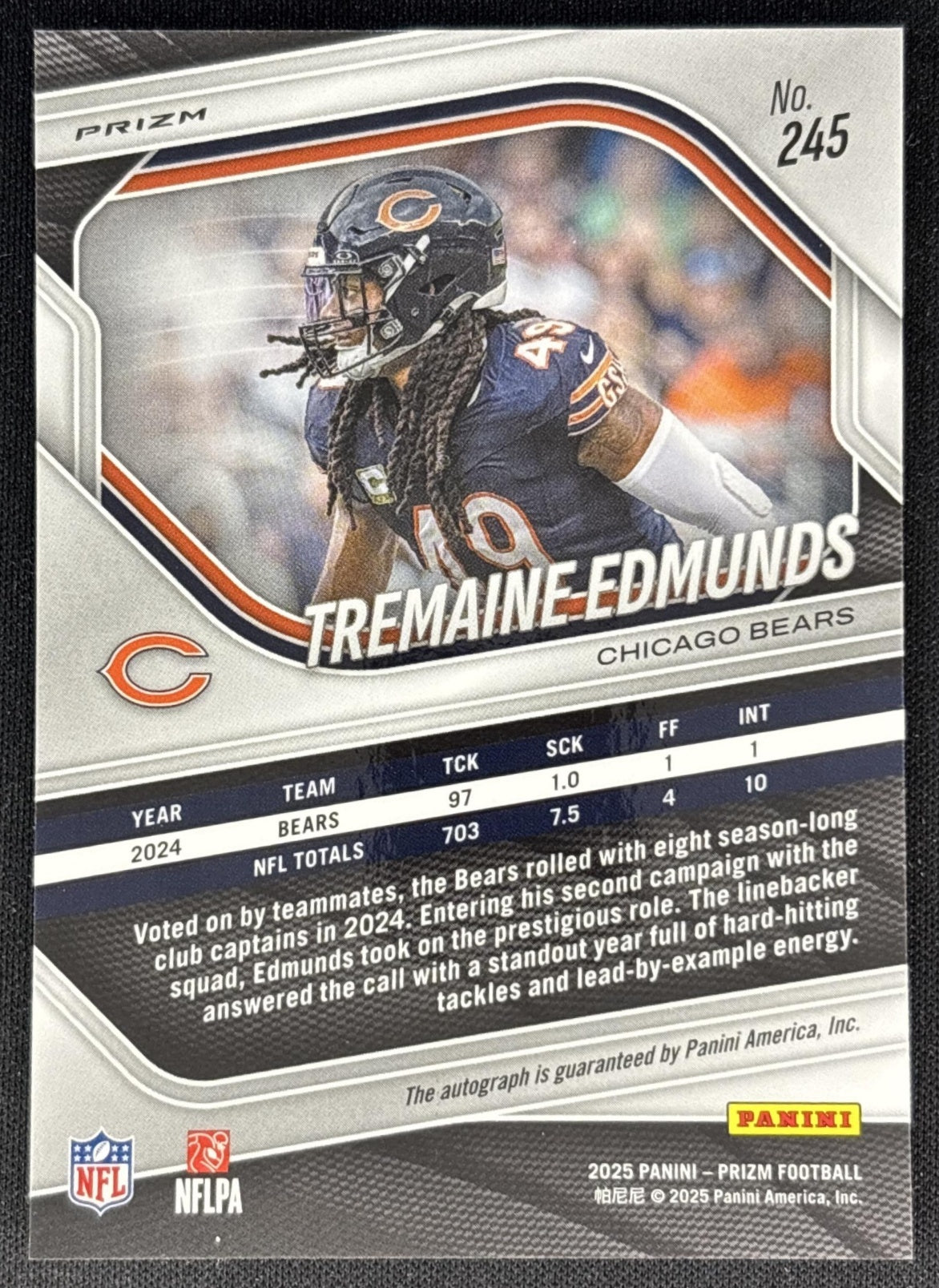 Tremaine Edmunds 2025 Panini Prizm Auto Silver Bears Back