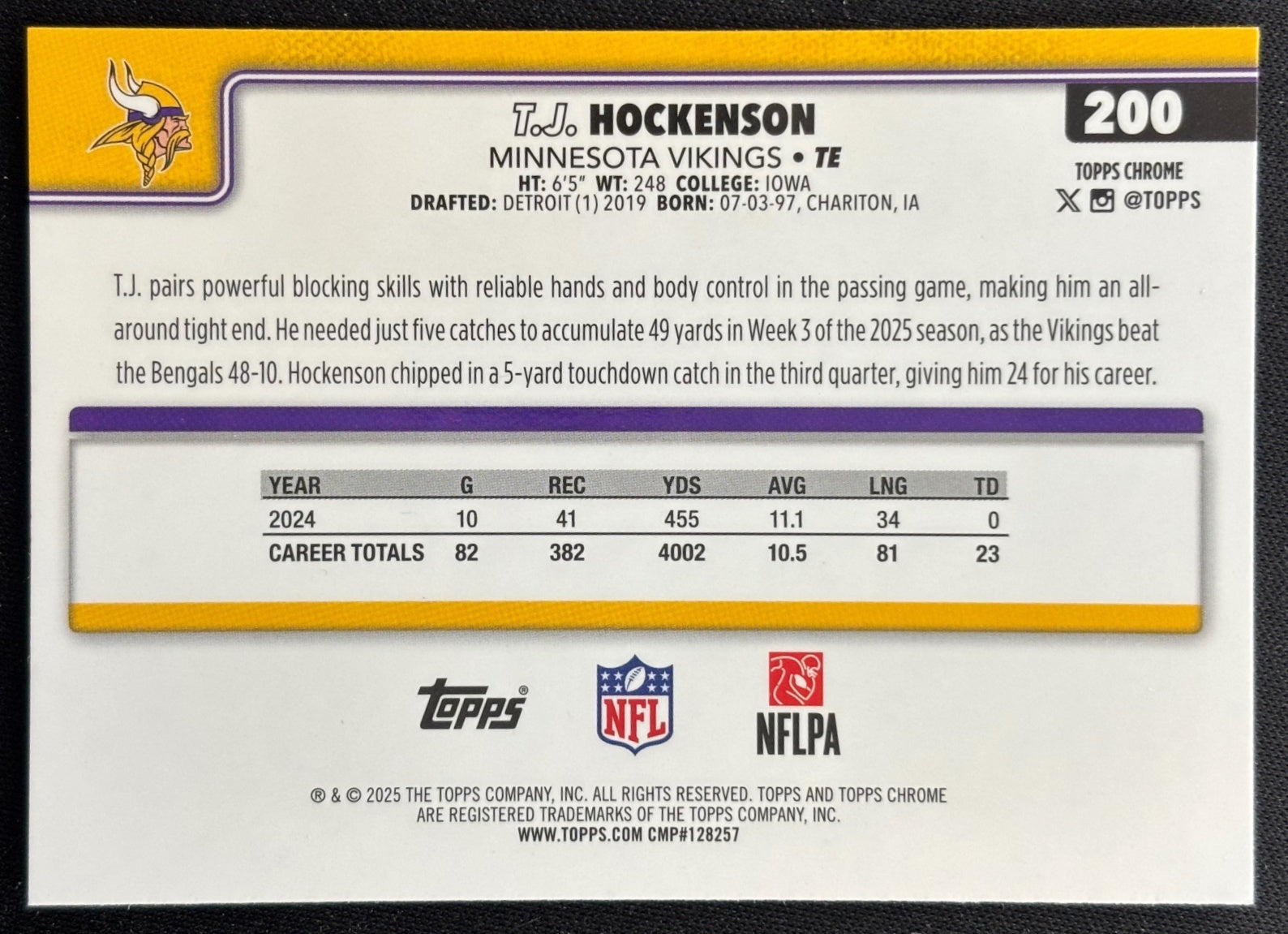 T.J. Hockenson 2025 Topps Chrome Neon Pulse Refractor Vikings Sports Trading Cards