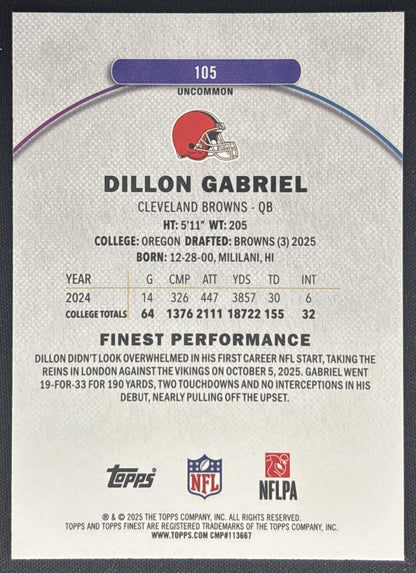 Dillon Gabriel 2025 Topps Finest Uncommon Purple Refractor /200 Browns back
