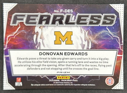 Donovan Edwards 2025 Panini Prizm Draft Picks Fearless Red Ice Wolverines Dolphins - Back