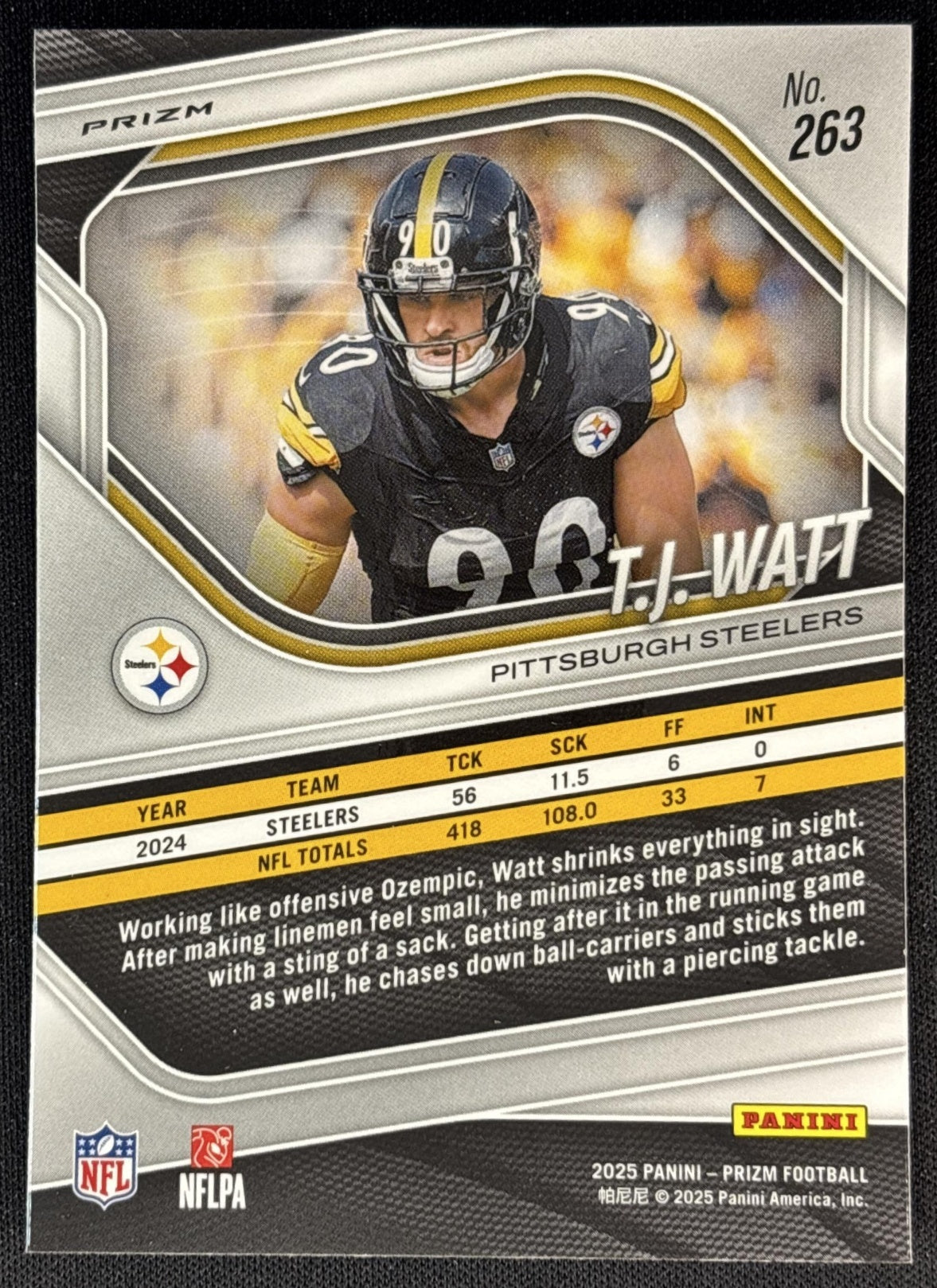 T.J. Watt 2025 Panini Prizm Neon Green Pulsar Steelers back