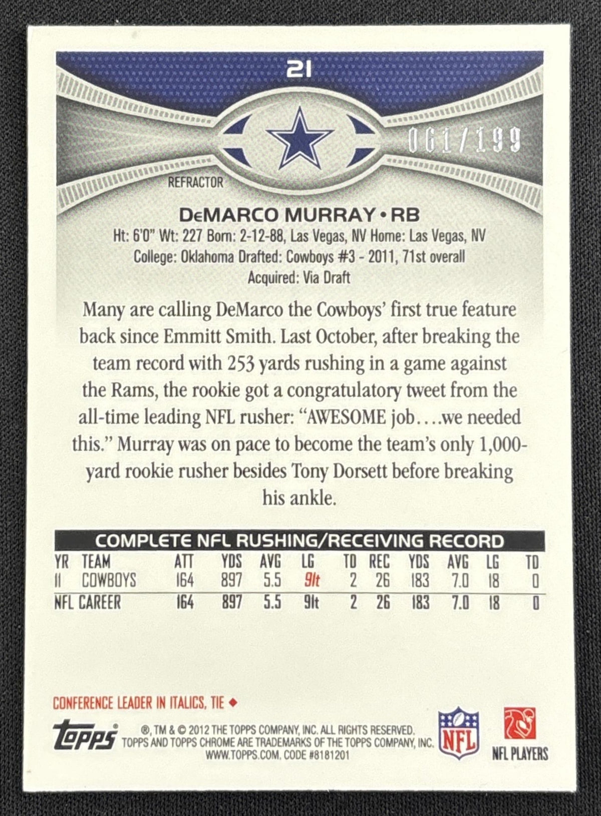 DeMarco Murray 2012 Topps Chrome Blue Refractor /199 Cowboys