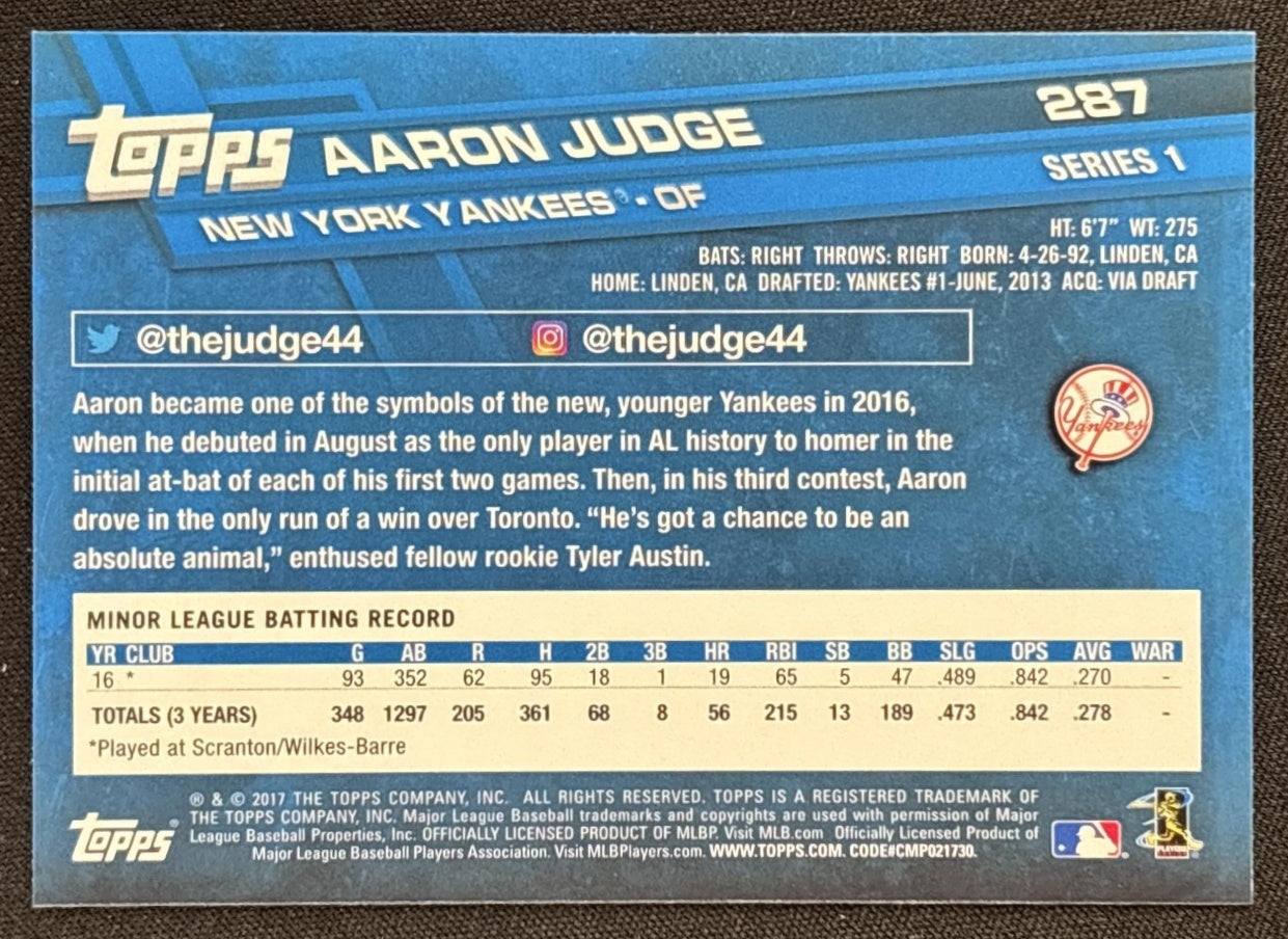 Aaron Judge 2017 Topps Yankees New York Yankees back