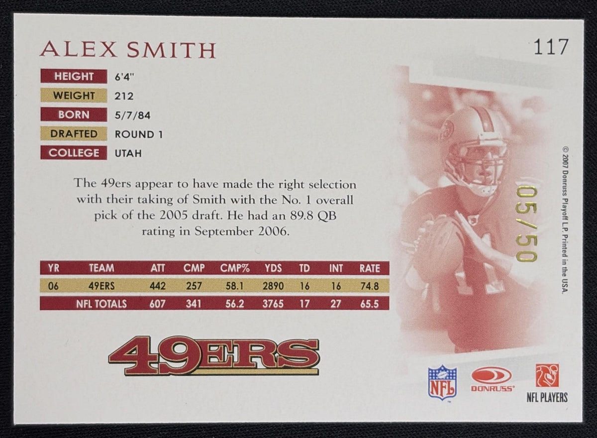 Alex Smith 2007 Donruss Threads Gold Holofoil /50 49ers - Back