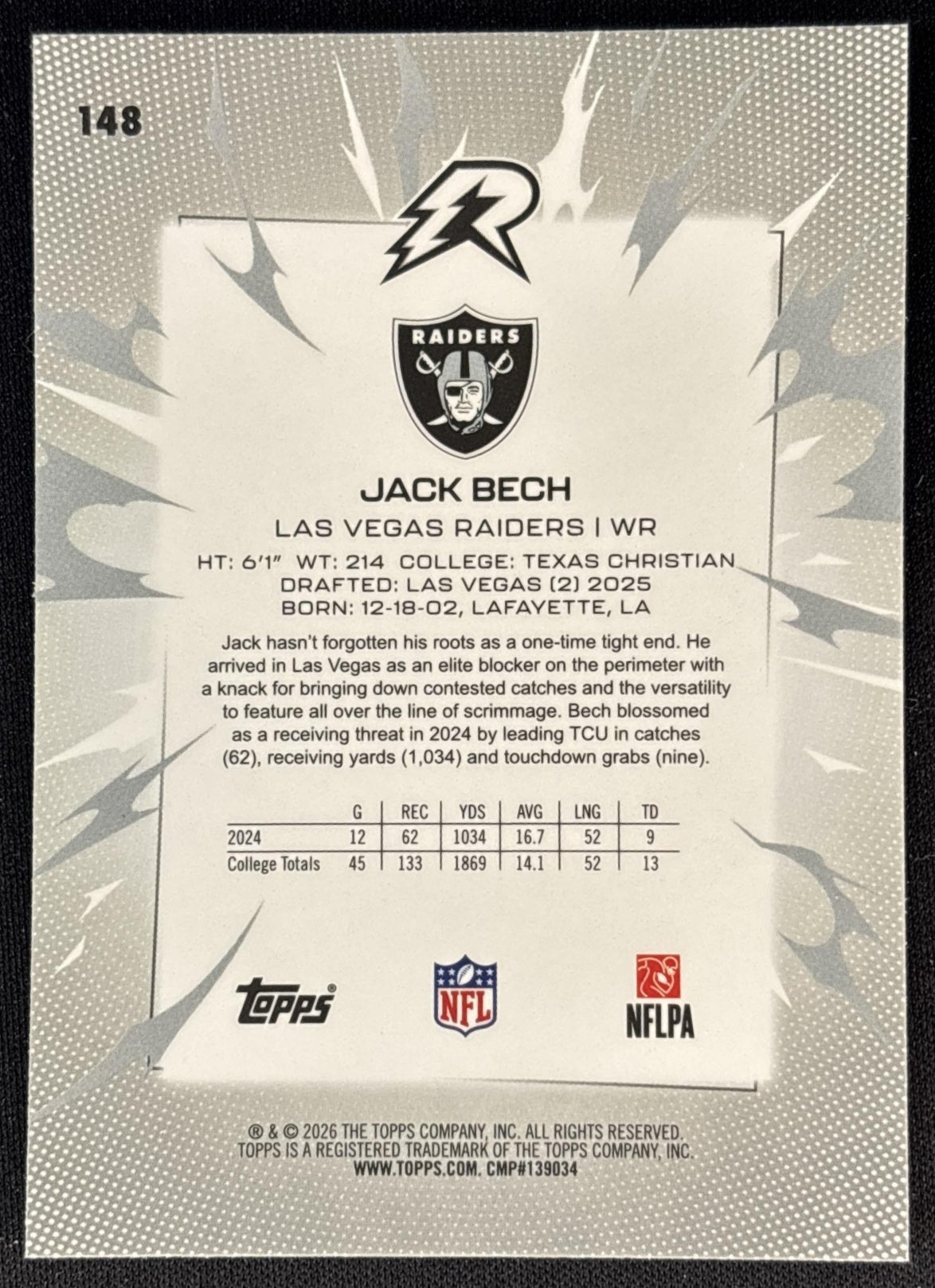 Jack Bech 2025 Topps Resurgence Raiders Sports Trading Cards