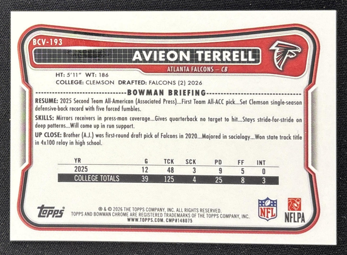 Avieon Terrell 2026 Bowman Chrome NFL Yellow Refractor /275 Falcons Sports Trading Card