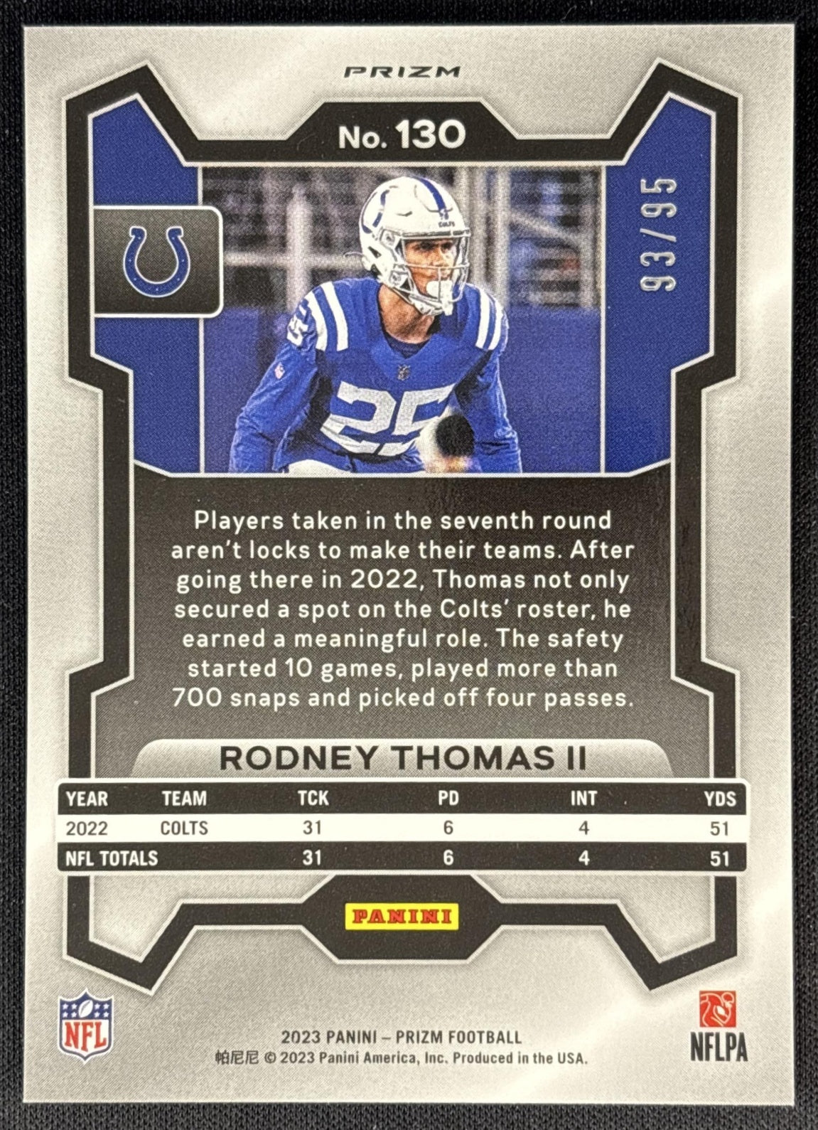 Rodney Thomas II 2023 Panini Prizm No Huddle Blue /95 Colts back