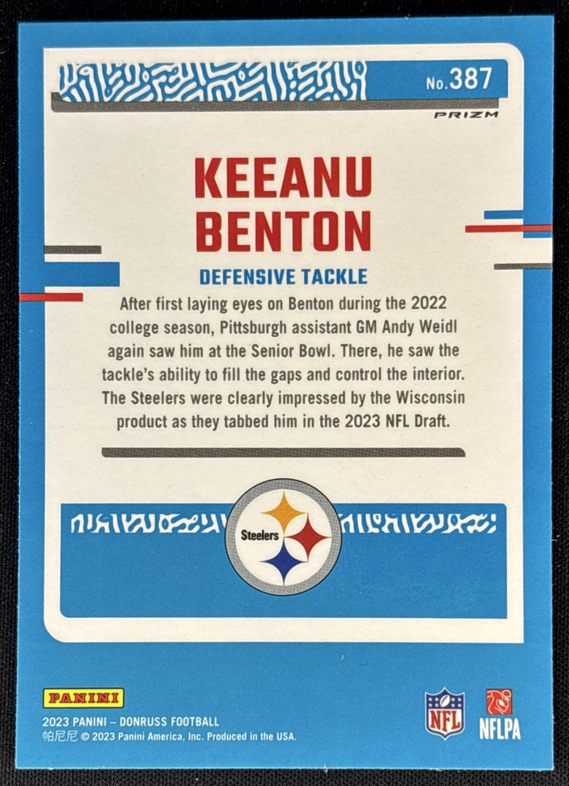 Keeanu Benton 2023 Panini Donruss Optic Rated Rookie Preview Pink Prizm Steelers