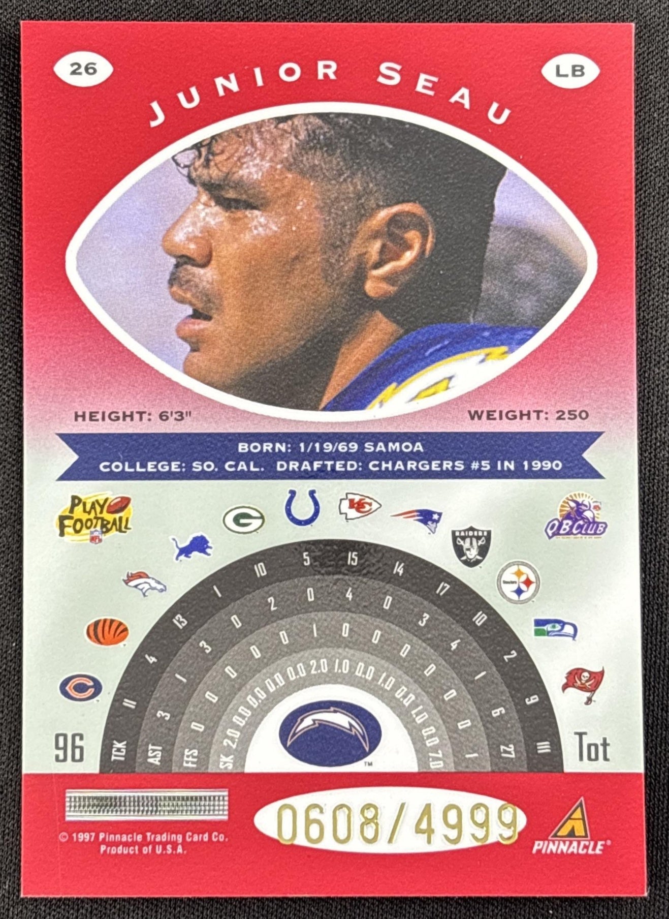 Junior Seau 1997 Pinnacle Totally Certified Platinum Red /4999 Chargers