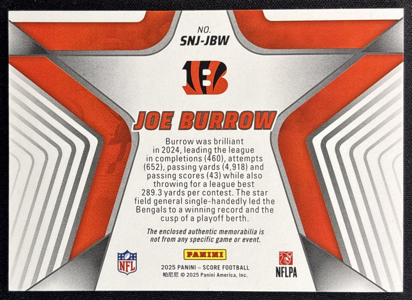 Joe Burrow 2025 Panini Score Stars of the NFL Jersey Bengals 2 Back