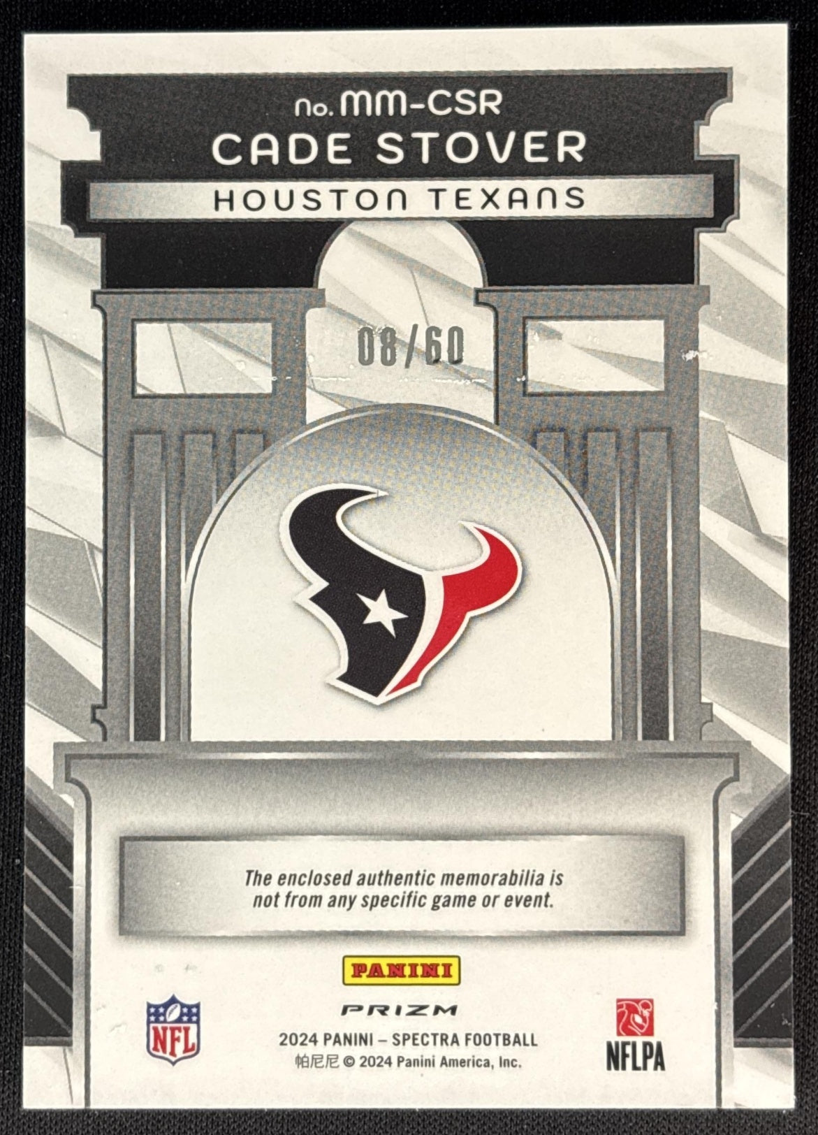 Cade Stover 2024 Panini Spectra Monumental Memorabilia Hyper /60 Texans