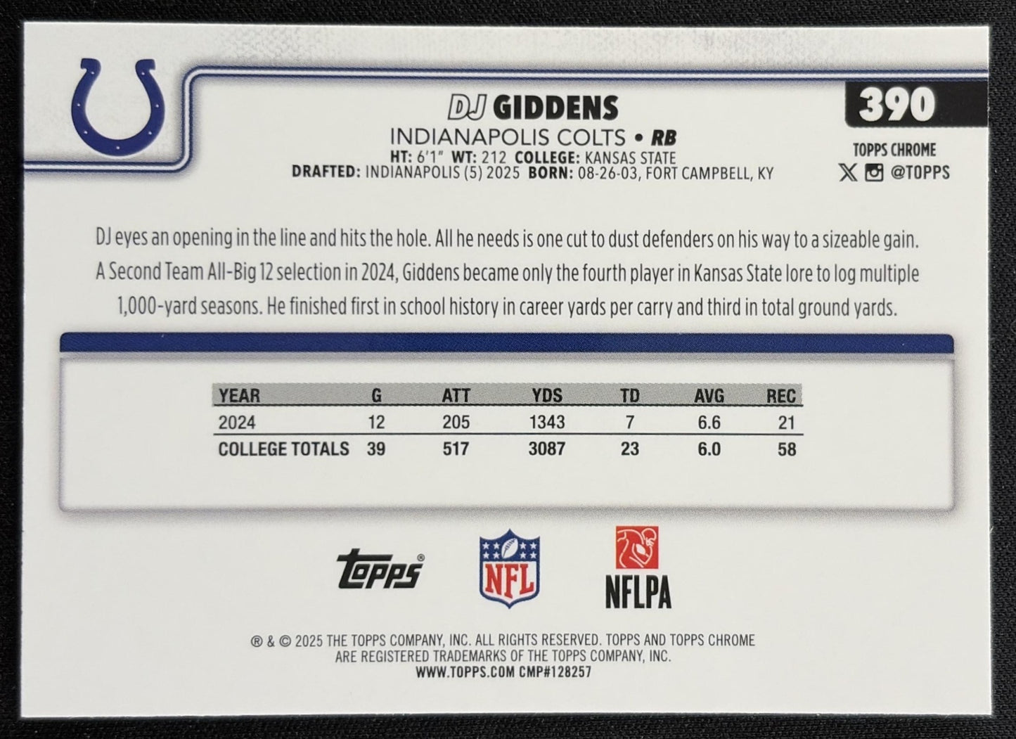 DJ Giddens 2025 Topps Chrome Rookie Red/White/Blue Refractor Colts