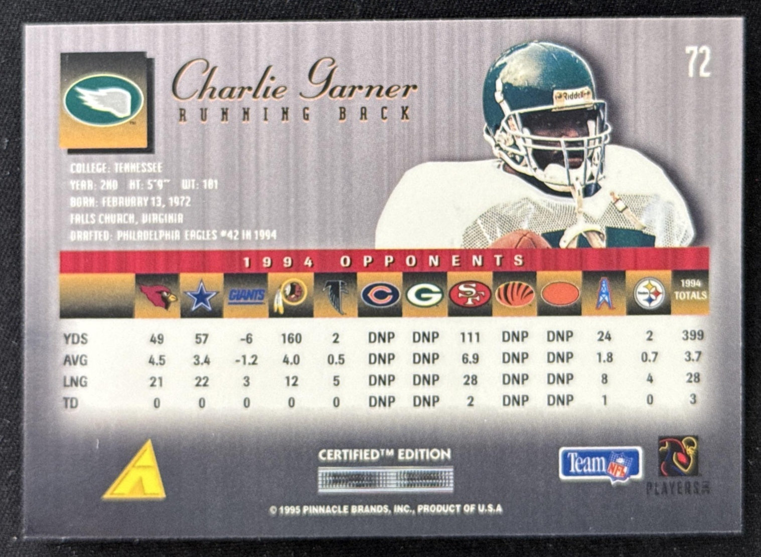 Charlie Garner 1995 Pinnacle Select Certified Eagles Sports Trading Card