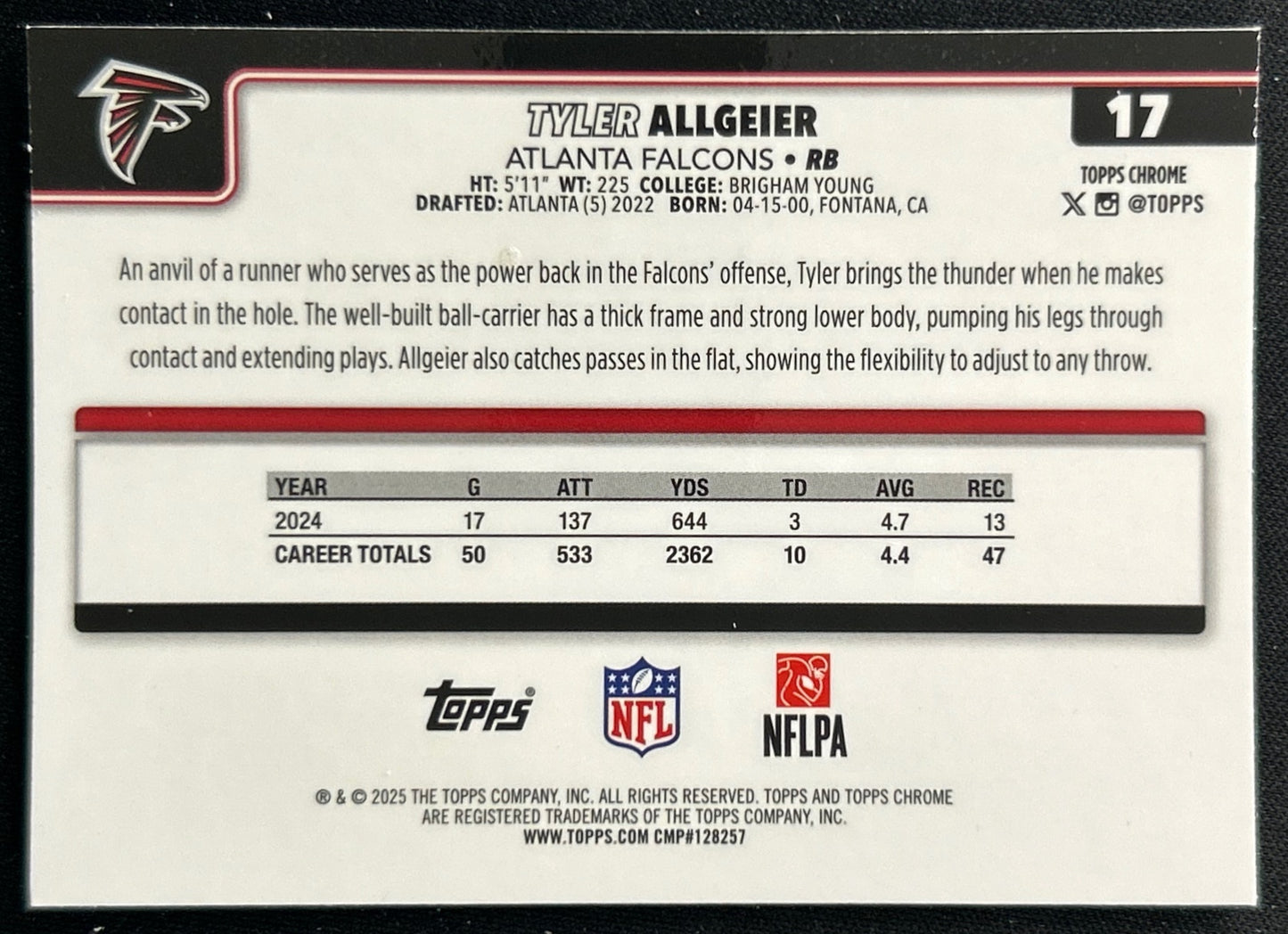 Tyler Allgeier 2025 Topps Chrome Falcons Sports Trading Cards