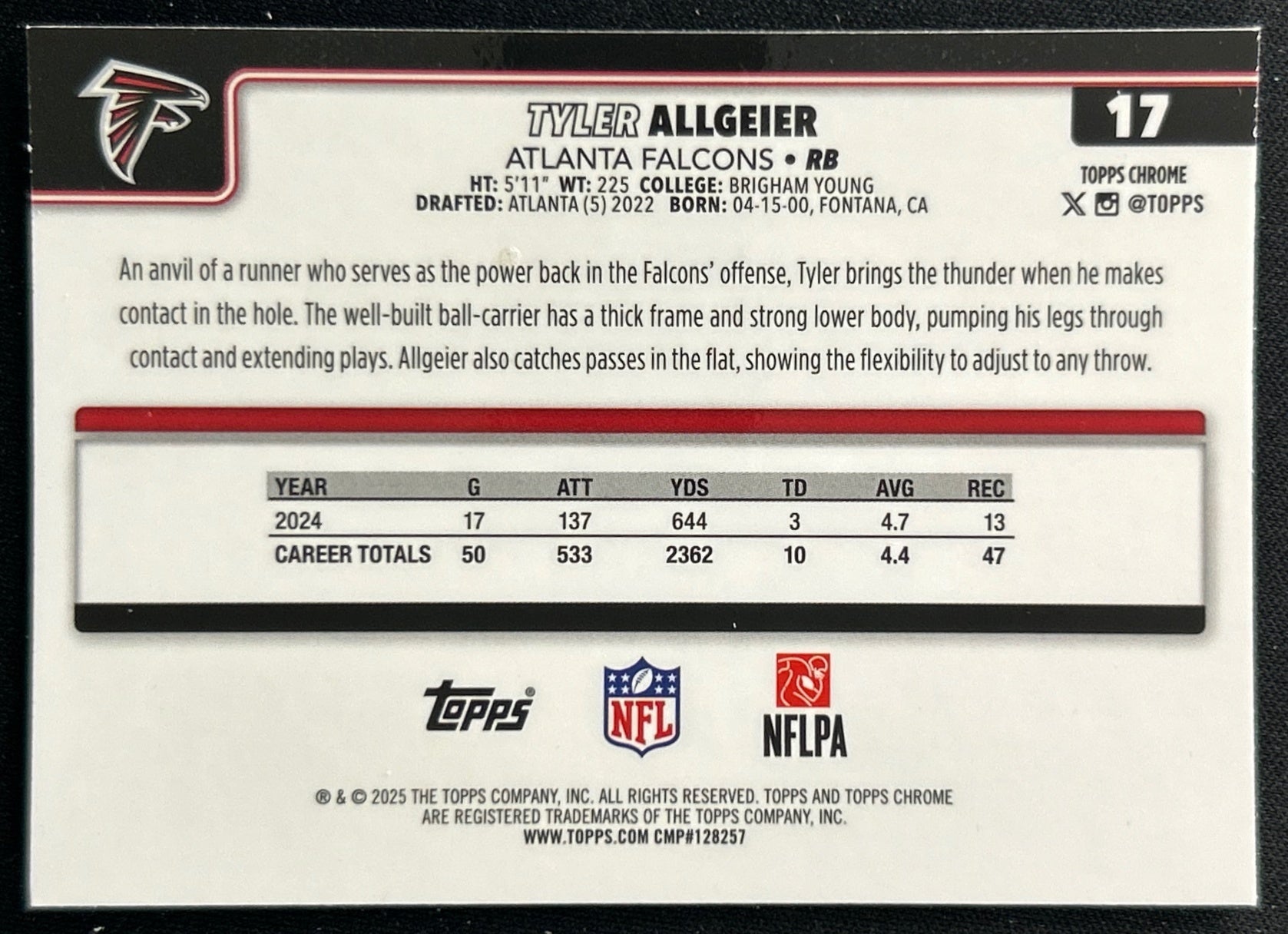 Tyler Allgeier 2025 Topps Chrome Falcons Sports Trading Cards