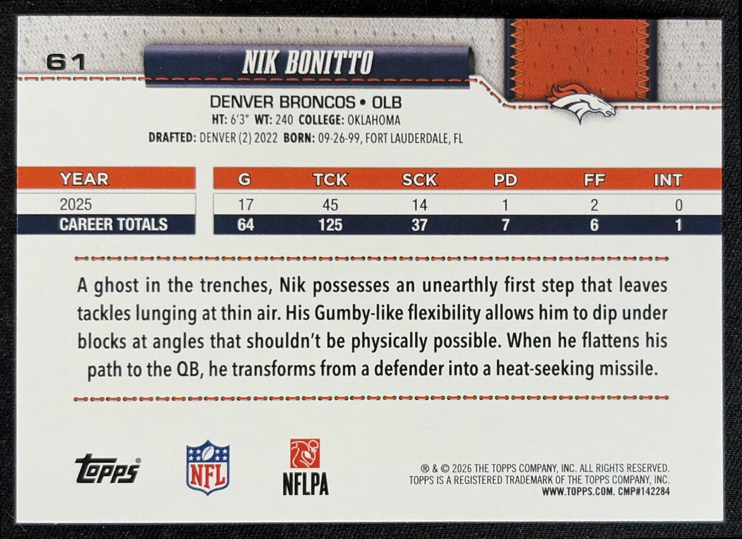 Nik Bonitto 2026 Topps Football Leather Foil Broncos back