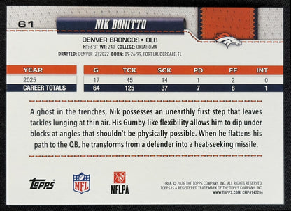 Nik Bonitto 2026 Topps Football Leather Foil Broncos back