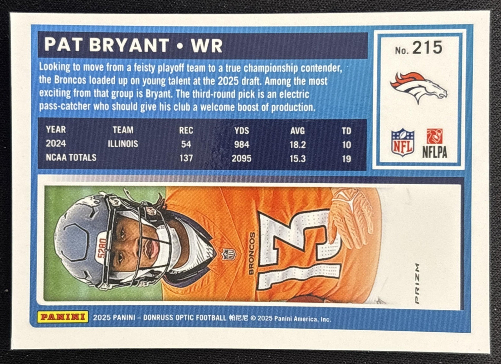 Pat Bryant 2025 Panini Donruss Optic Rated Rookie Purple Shock Prizm Broncos back
