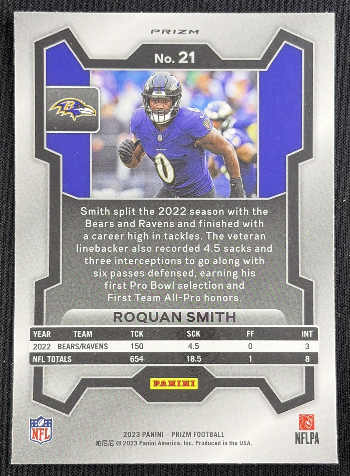 Roquan Smith 2023 Panini Prizm Orange Ice Ravens Sports Trading Card