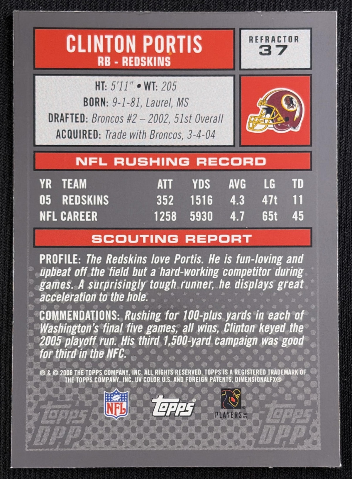 Clinton Portis 2006 Topps Draft Picks & Prospects Chrome Black Redskins