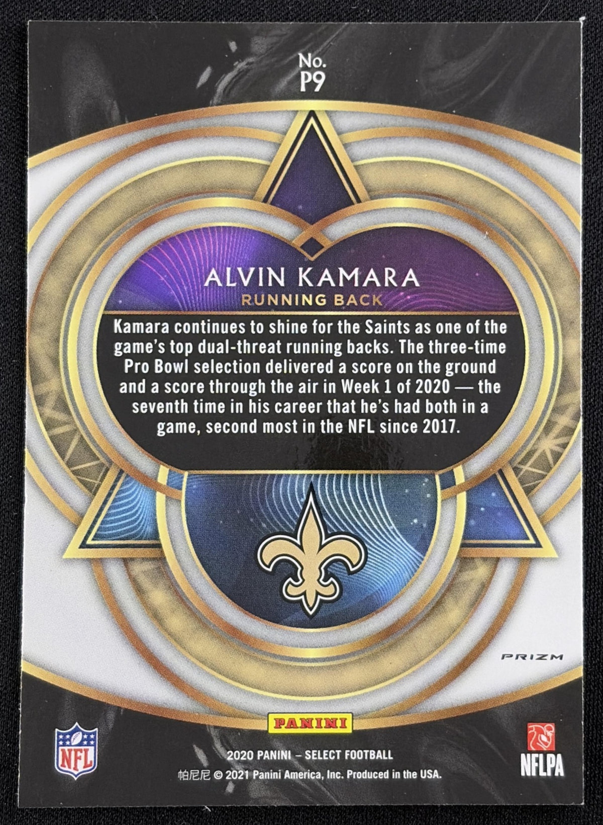 Alvin Kamara 2020 Panini Select Phenomenon Prizm Saints - back