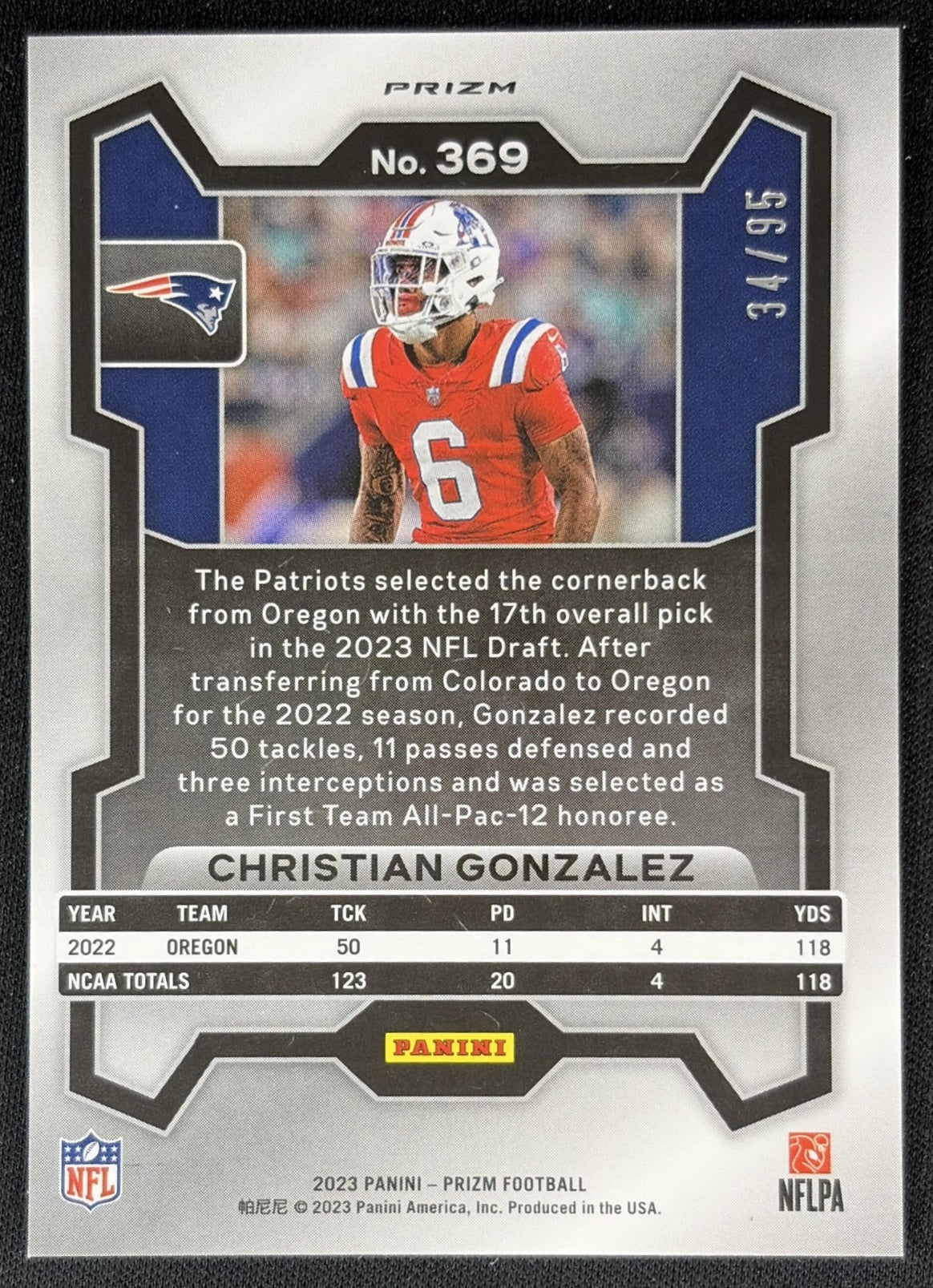 Christian Gonzalez 2023 Panini Prizm No Huddle Blue /95 Patriots back