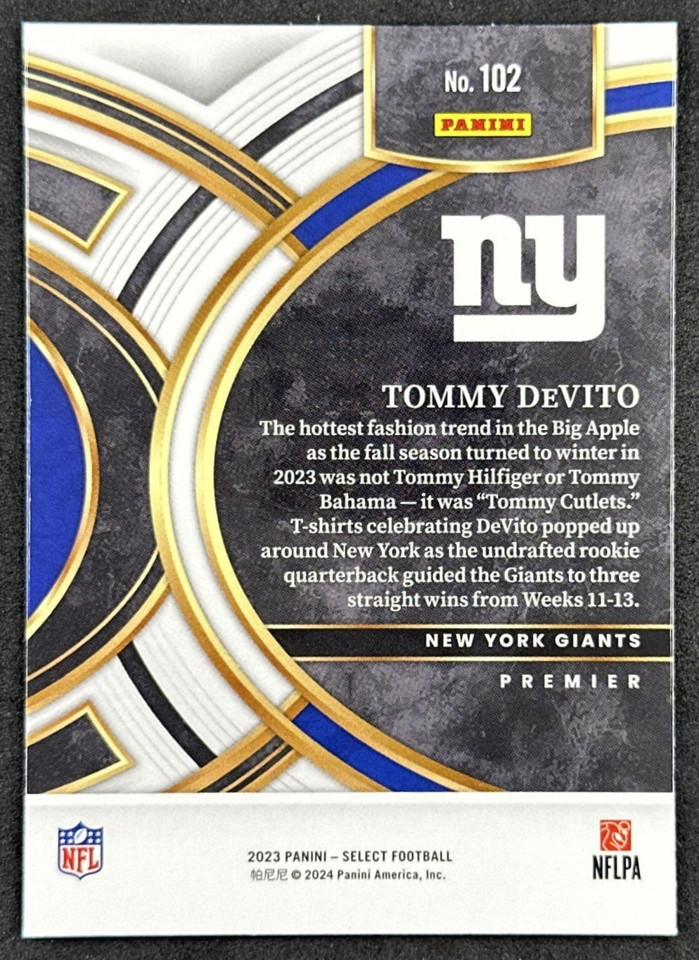 Tommy DeVito 2023 Panini Select Giants back sports trading card