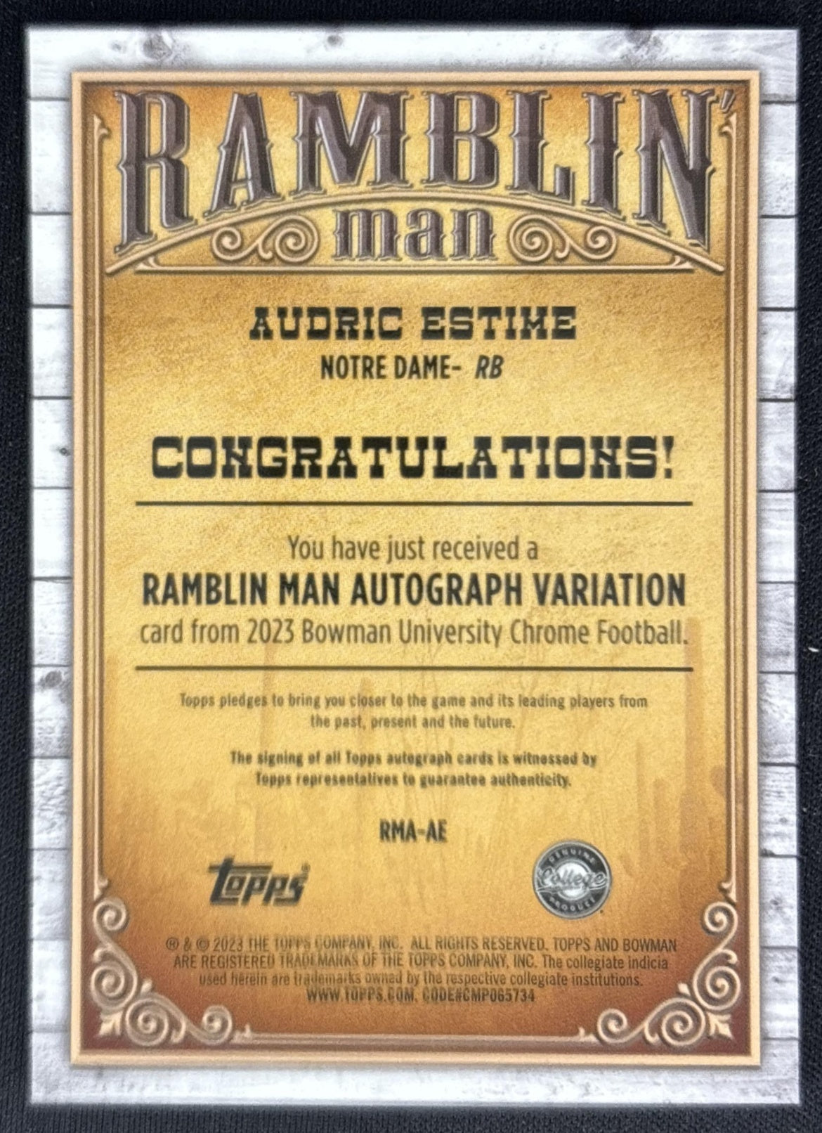 Audric Estime 2023 University Chrome Ramblin' Man Auto Gold Refractor /50 Fighting Irish back