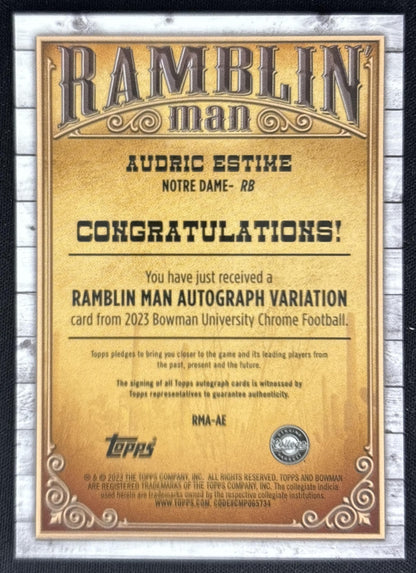 Audric Estime 2023 University Chrome Ramblin' Man Auto Gold Refractor /50 Fighting Irish back