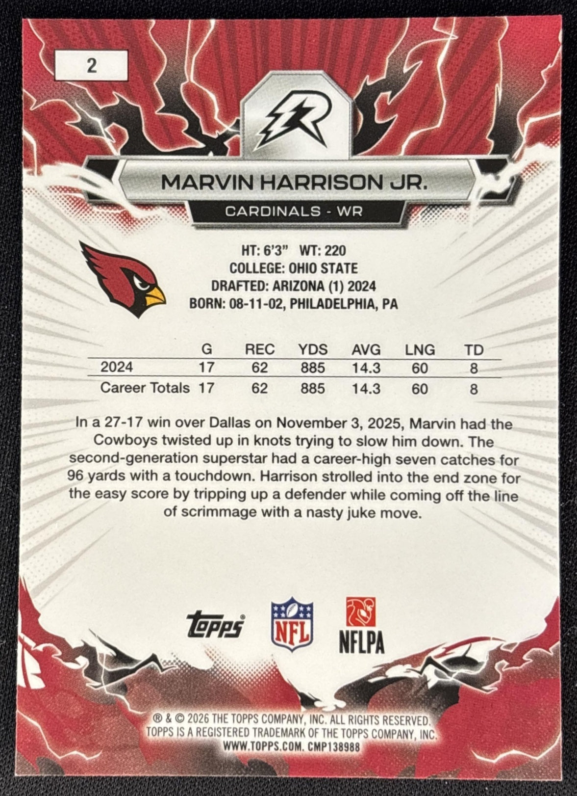 Marvin Harrison Jr. 2025 Topps Resurgence Cardinals Arizona Cardinals back