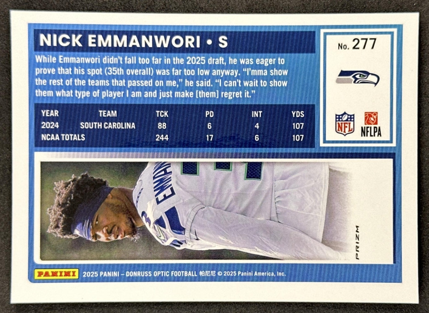 Nick Emmanwori 2025 Panini Donruss Optic Rated Rookie Stars Prizm Seahawks back