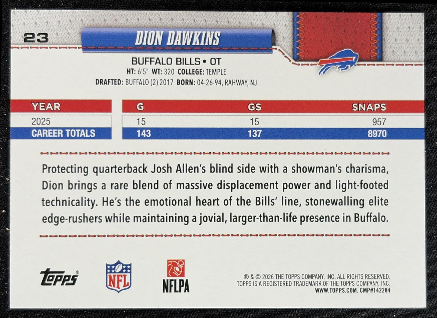 Dion Dawkins 2026 Topps Football Leather Foil Bills back
