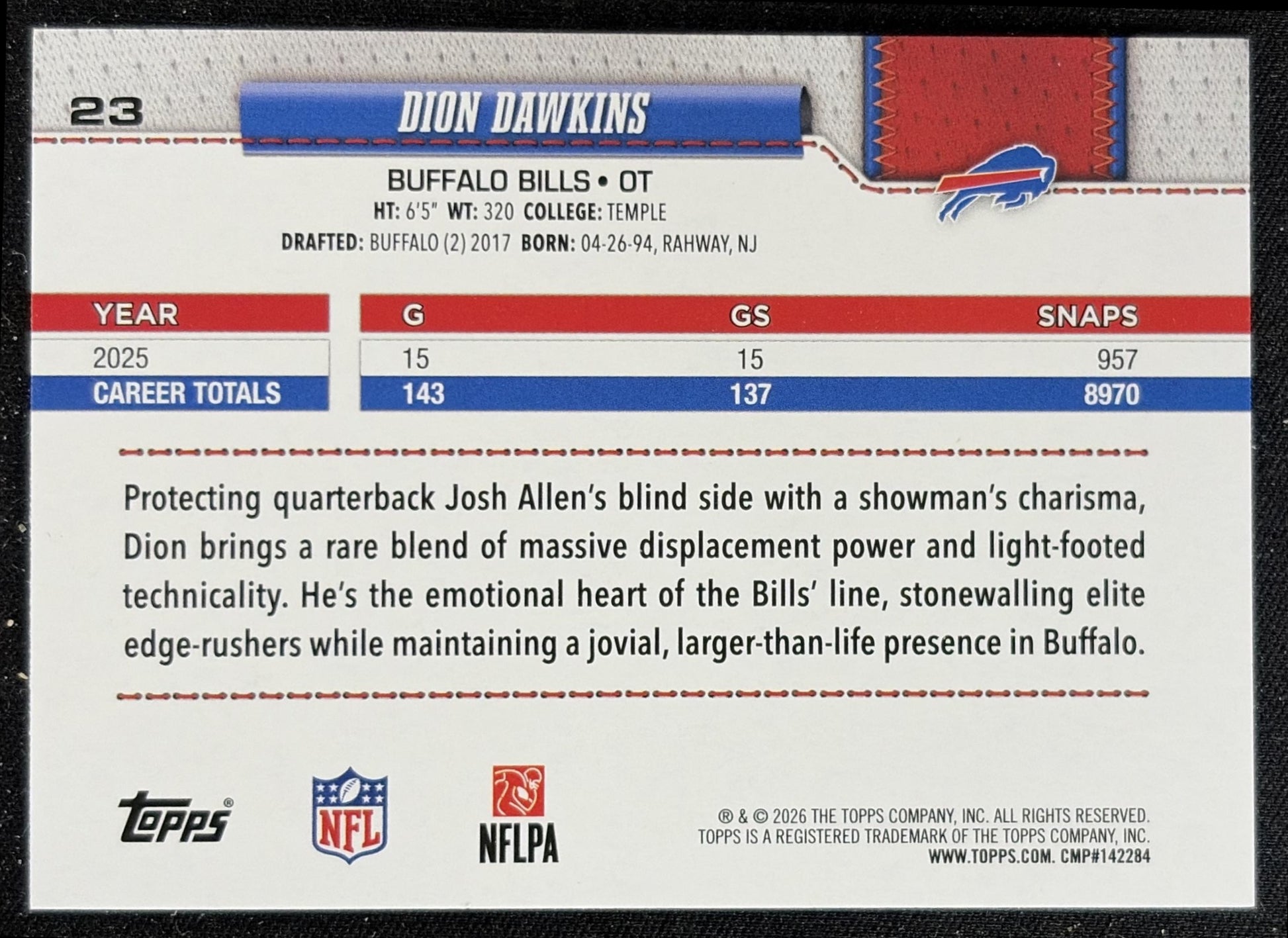 Dion Dawkins 2026 Topps Football Leather Foil Bills back