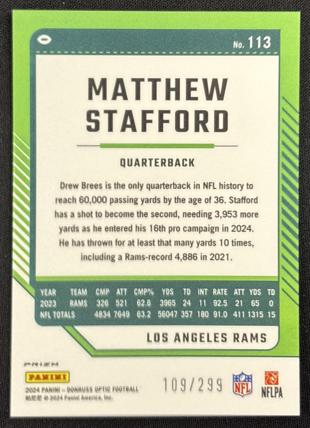 Matthew Stafford 2024 Panini Donruss Optic Aqua /299 Rams