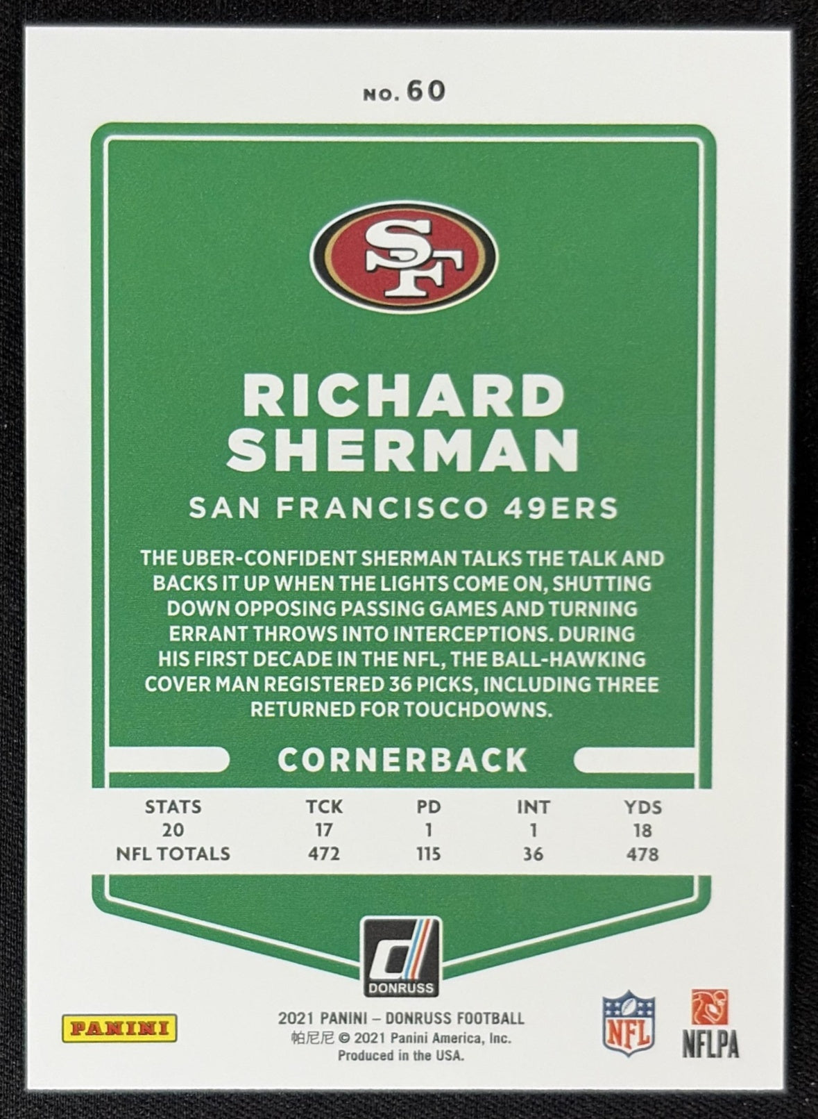 Richard Sherman 2021 Panini Donruss Press Proof Premium 49ers - San Francisco 49ers