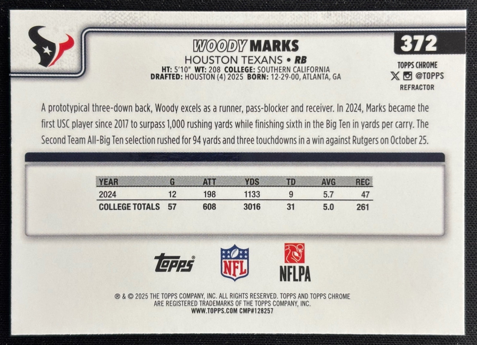 Woody Marks 2025 Chrome Rookie Refractor Texans Sports Trading Cards
