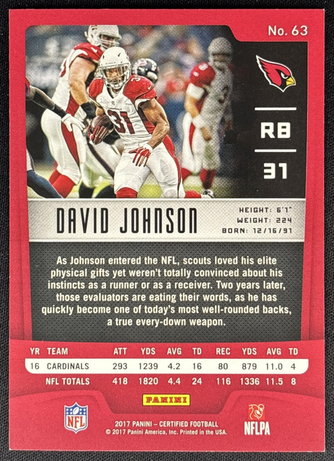David Johnson 2017 Panini Certified Mirror Orange /299 Cardinals back