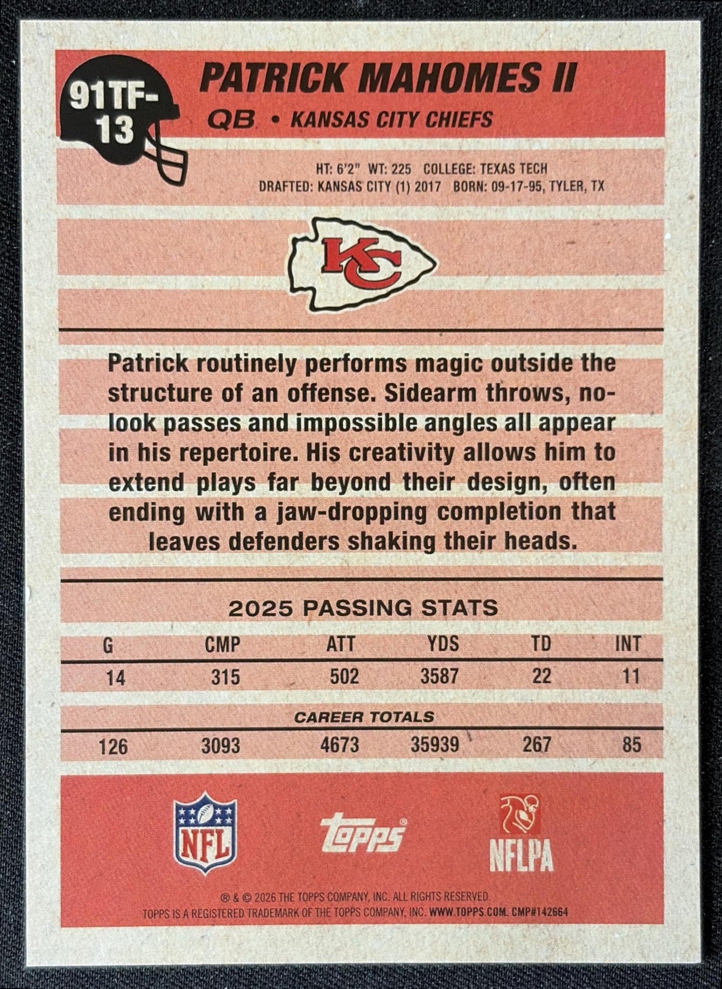 Patrick Mahomes II 2026 Topps 1991 Chiefs back