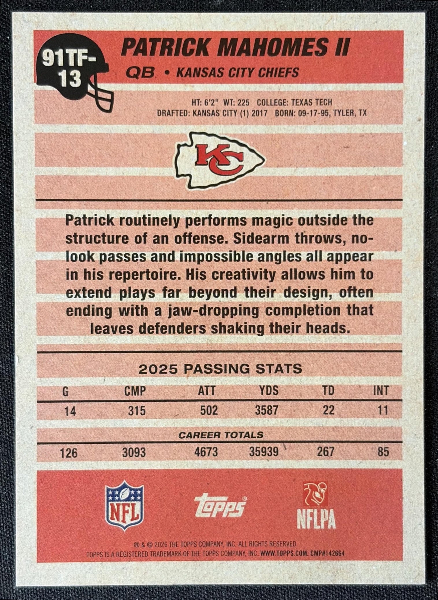 Patrick Mahomes II 2026 Topps 1991 Chiefs back