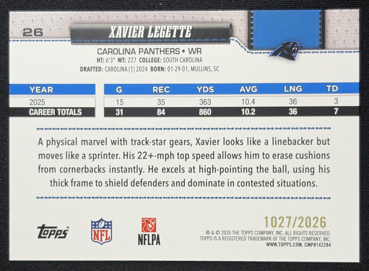 Xavier Legette 2026 Topps Gold /2026 Panthers