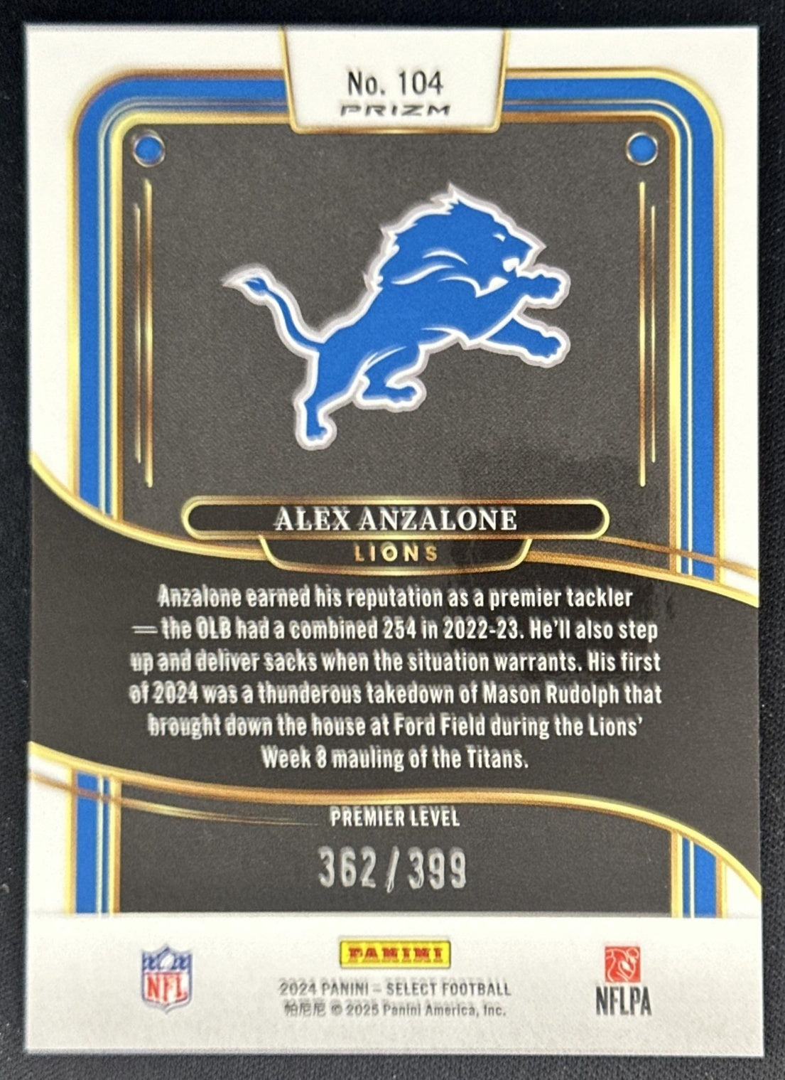 Alex Anzalone 2024 Panini Select Premier Orange Prizm Shock /399 Lions Sports Trading Cards