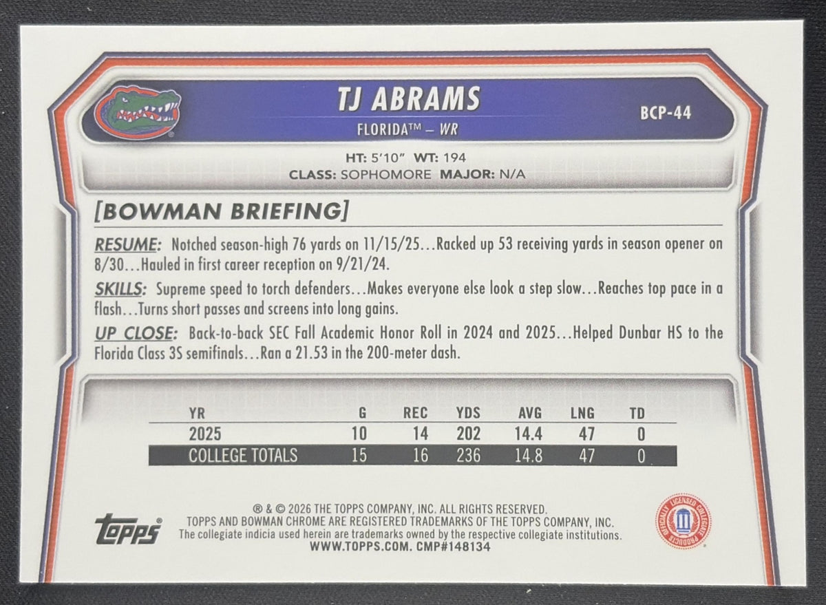 TJ Abrams 2026 Bowman Chrome Prospects Mojo Refractor Gators Sports Trading Card