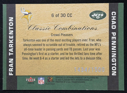 Fran Tarkenton Chad Pennington 2003 Fleer Tradition Classic Combinations Blue /1500 Bills sports trading card back