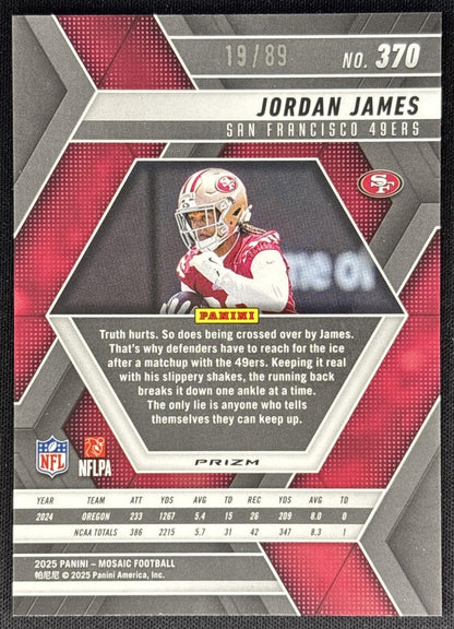 Jordan James 2025 Mosaic Rookies Choice Fusion Red & Yellow Prizm /89 49ers Sports Trading Cards