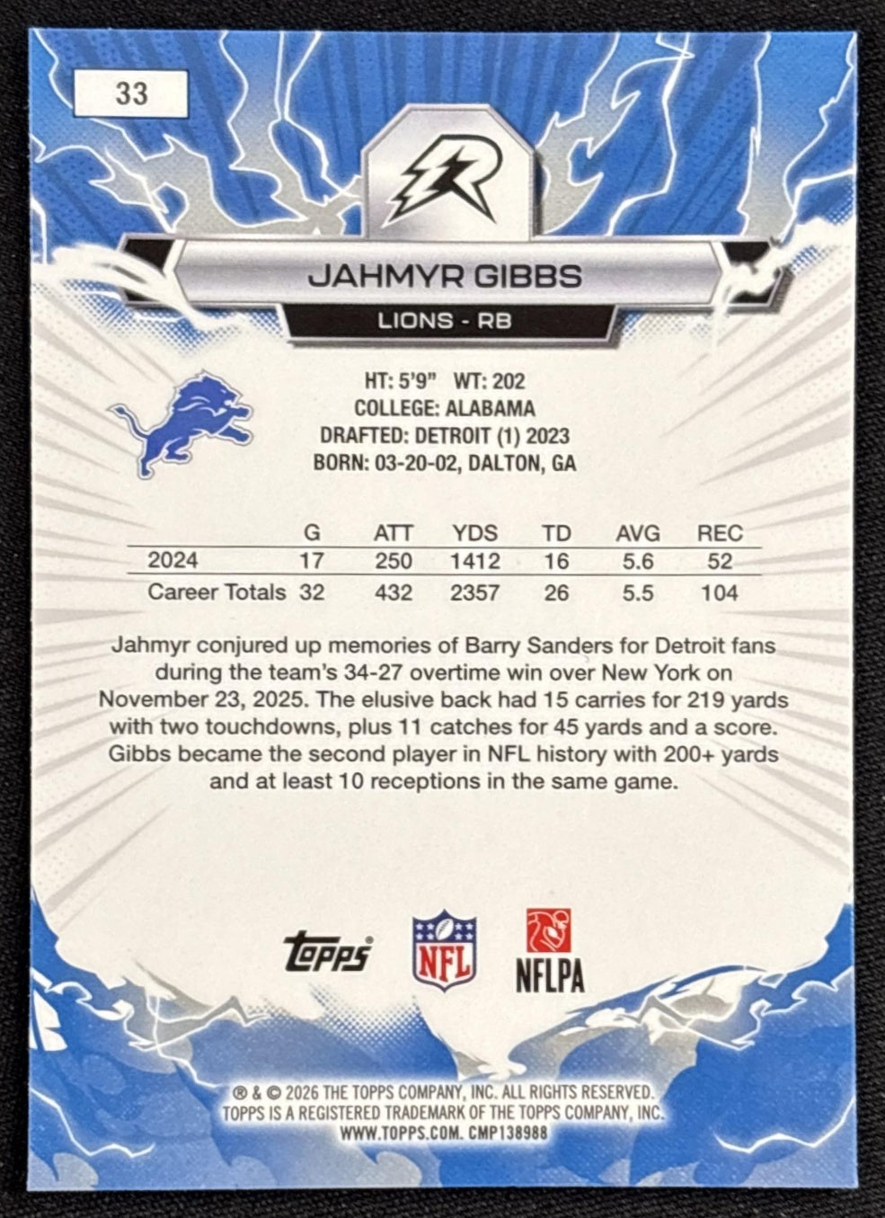Jahmyr Gibbs 2025 Topps Resurgence Lions