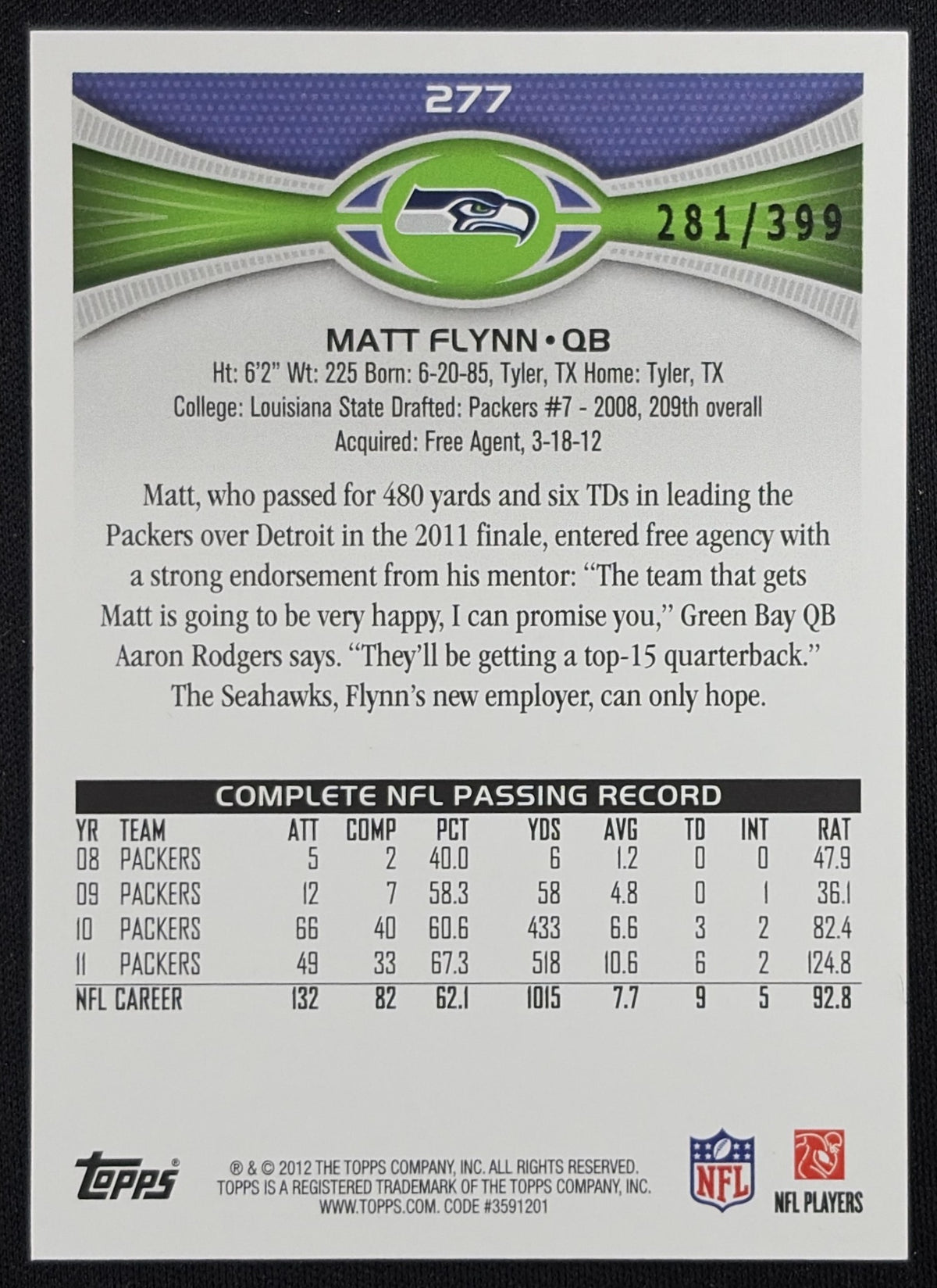 Matt Flynn 2012 Topps Camo /399 Seahawks