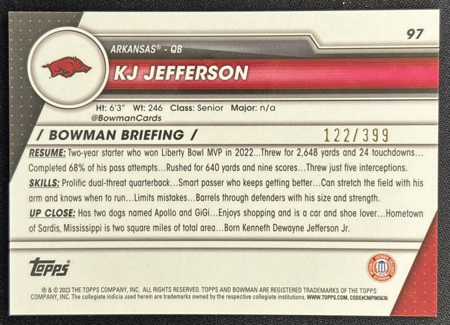 KJ Jefferson 2023 Bowman University Chrome Purple Refractor /399 Razorbacks back